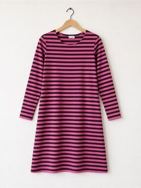 Vintage Marimekko Tasaraita Stripe Shift Dress Pink Brown Long Sleeve Finland, S